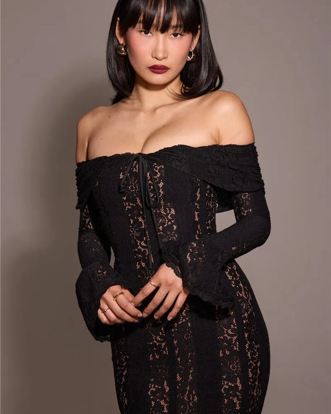 Mozision Lace Off-shoulder Sexy Maxi Dress Women Strapless Backless Long Sleeve Bodycon Evening Club Party Long Dress Elegant