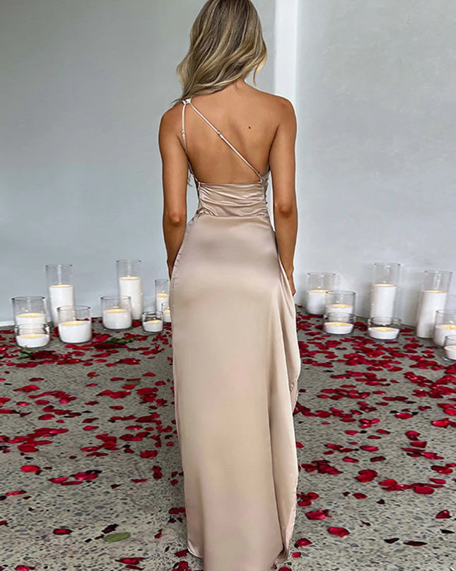 Summer Sexy One Shoulder Satin Long Dress for Women Sleeveless Backless High Split Party Evening Dresses Elegant Cocktail Dress