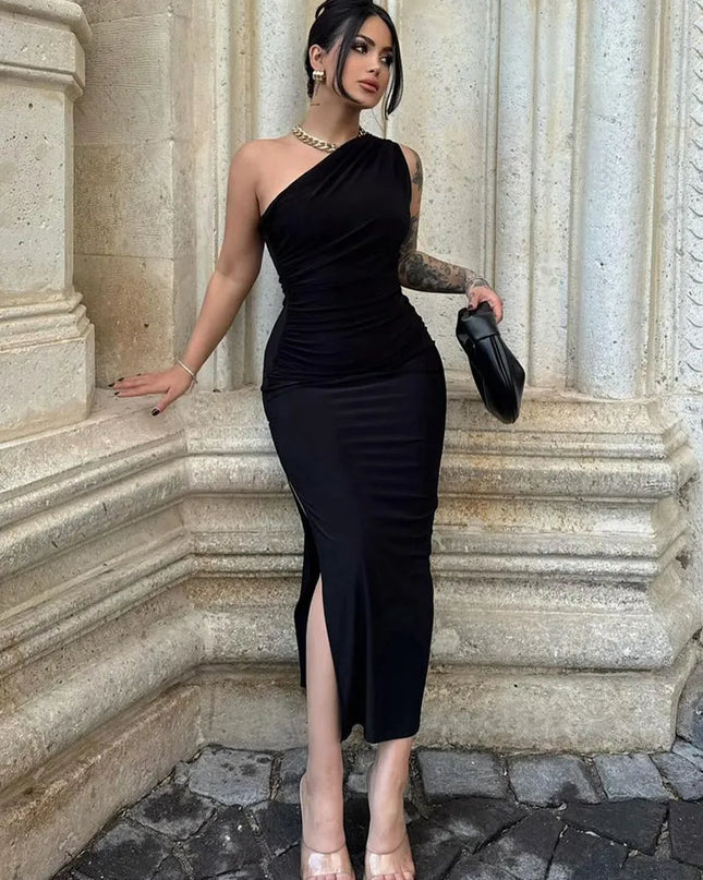 Black Maxi Dress Women Elegant Party Summer Fashion Sexy Split Sleeveless Backless Dress Off Shoulder Streetwear Club Slim Dress