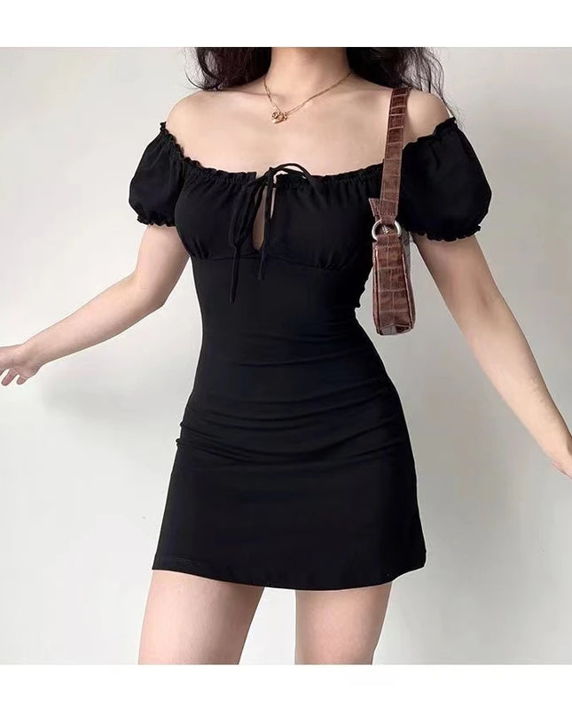 Summer Sexy Mini Dress Women Short Sleeved Lace up Hollow Casual Backless Folds Bodycon Black Dress Party Elegant A-LINE Dresses