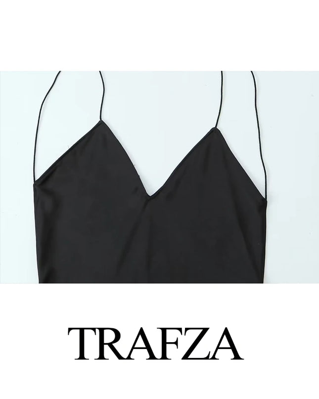 TRAFZA New Fashion Woman Party Evening Slip Prom Dress Female Satin Long Dress Sexy Sleeveless Backless V-neck Sling Midi Dress
