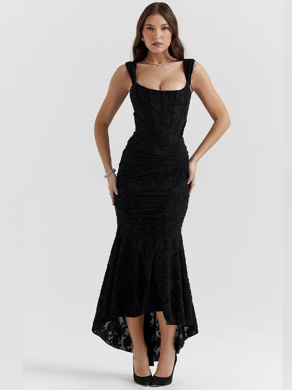 JULISSA MO Sleeve Less Backless Evening Long Dress Irregular Ruched Women Dress New Slim Fit Elegant Square Collar Gown Outfits