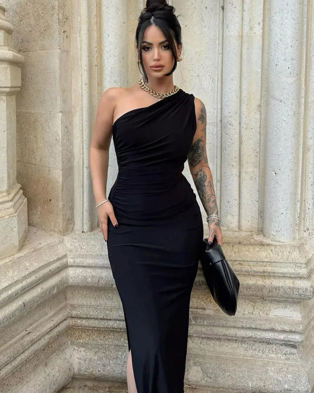 Black Maxi Dress Women Elegant Party Summer Fashion Sexy Split Sleeveless Backless Dress Off Shoulder Streetwear Club Slim Dress