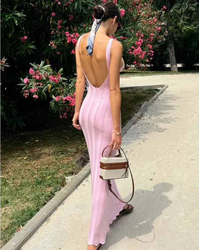 Tossy Summer Knit Ribbed Maxi Dress Female Slim Hollow Out Backless High Waist Fashion Beach Holiday Clothes Long Dress Women's