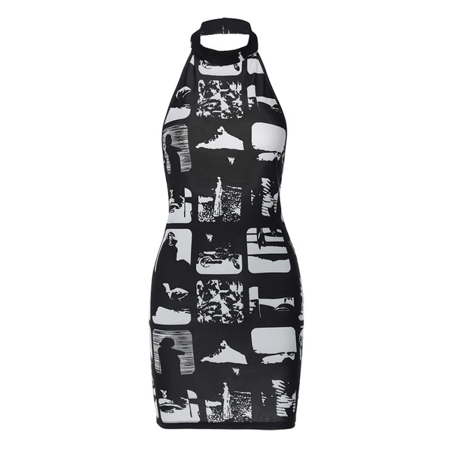 Hugcitar Vintage Print Halter Sleeveless Backless Sexy Slim Bodycon Mini Dress 2023 Summer Y2K Outfit Streetwear Nightclub Biker