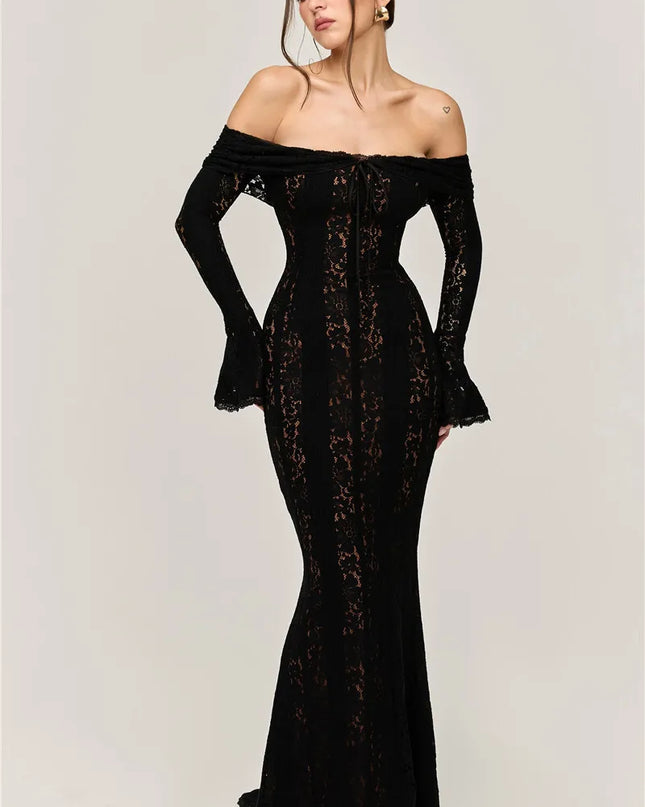 Mozision Lace Off-shoulder Sexy Maxi Dress Women Strapless Backless Long Sleeve Bodycon Evening Club Party Long Dress Elegant