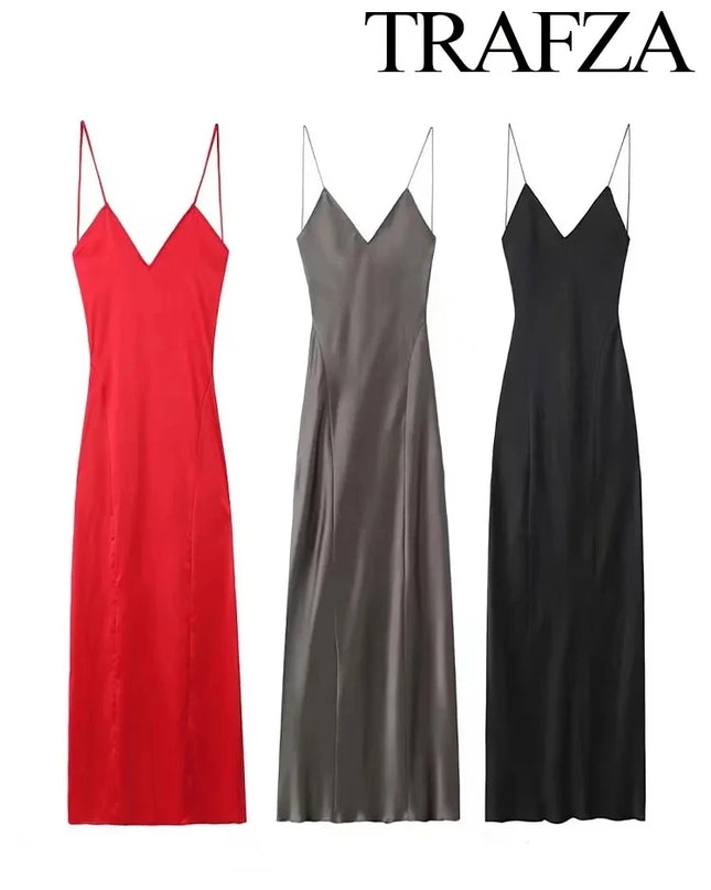 TRAFZA New Fashion Woman Party Evening Slip Prom Dress Female Satin Long Dress Sexy Sleeveless Backless V-neck Sling Midi Dress