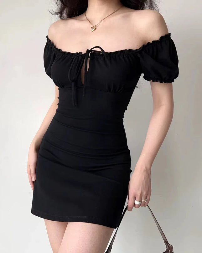 Summer Sexy Mini Dress Women Short Sleeved Lace up Hollow Casual Backless Folds Bodycon Black Dress Party Elegant A-LINE Dresses