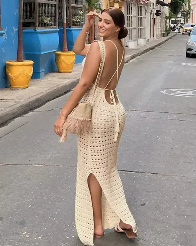 Sexy Knit Cut Out Tassel Spaghetti Strap Bodycon Beach Maxi Dress Summer Women's Holiday Club Party Outfit Swimsuit Cover Up K10