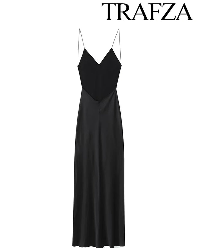 TRAFZA New Fashion Woman Party Evening Slip Prom Dress Female Satin Long Dress Sexy Sleeveless Backless V-neck Sling Midi Dress