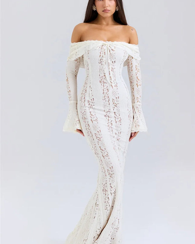 Mozision Lace Off-shoulder Sexy Maxi Dress Women Strapless Backless Long Sleeve Bodycon Evening Club Party Long Dress Elegant