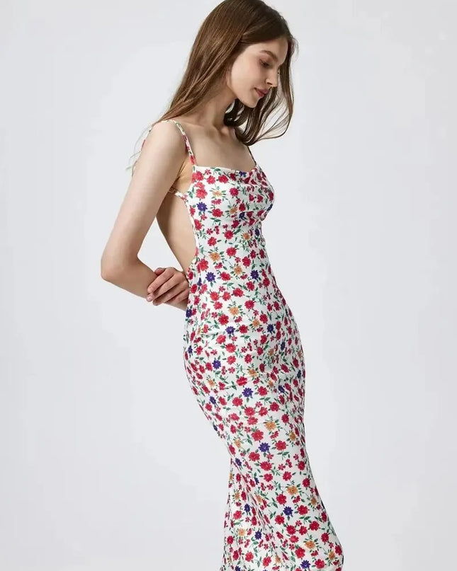 Long Floral Suspender Dress Nsummer Sexy Backless Slimming Beach Dress Fashionable Simple Printed Banquet Women's Clothing
