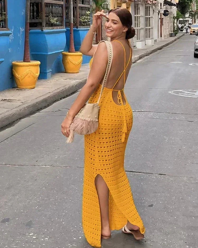 Sexy Knit Cut Out Tassel Spaghetti Strap Bodycon Beach Maxi Dress Summer Women's Holiday Club Party Outfit Swimsuit Cover Up K10