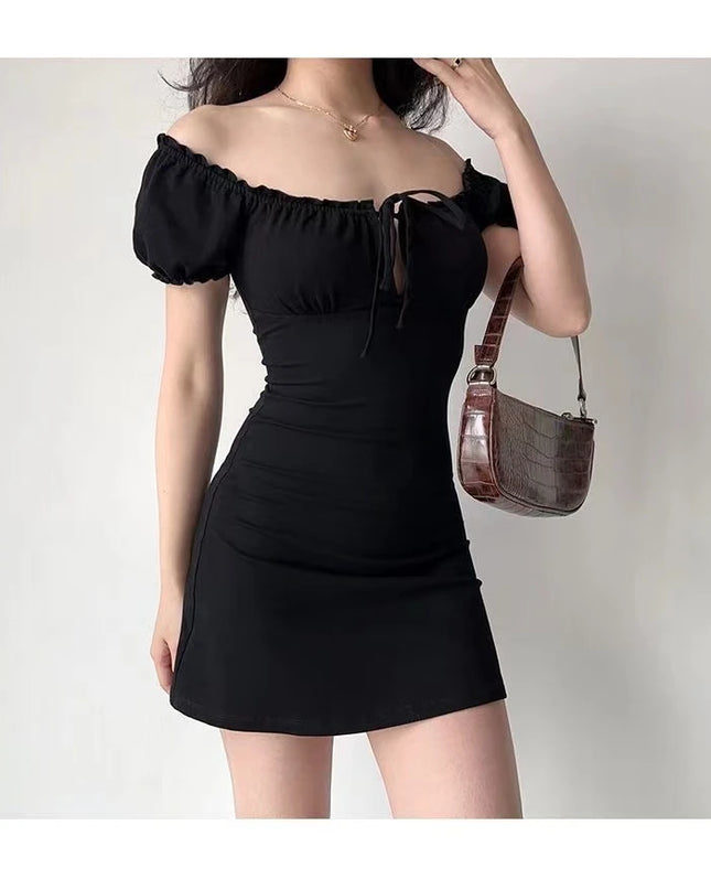 Summer Sexy Mini Dress Women Short Sleeved Lace up Hollow Casual Backless Folds Bodycon Black Dress Party Elegant A-LINE Dresses
