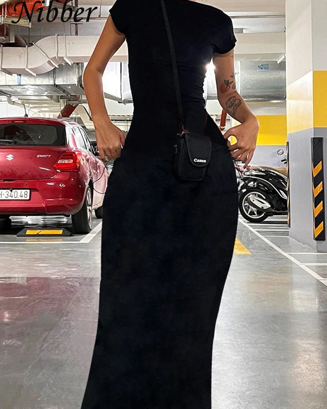 Nibber Solid Sexy Backless Maxi Dress Women Elegant Elastic Slim Short Sleeve Long dresses Female Bodycon Streetwear Clothing