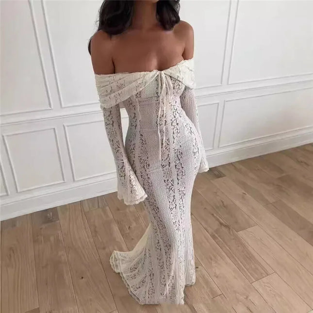 Mozision Lace Off-shoulder Sexy Maxi Dress Women Strapless Backless Long Sleeve Bodycon Evening Club Party Long Dress Elegant