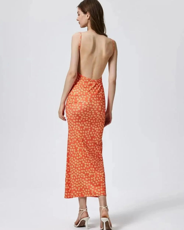 Long Floral Suspender Dress Nsummer Sexy Backless Slimming Beach Dress Fashionable Simple Printed Banquet Women's Clothing