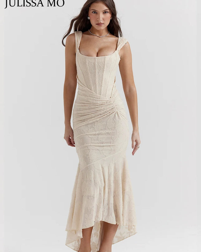 JULISSA MO Sleeve Less Backless Evening Long Dress Irregular Ruched Women Dress New Slim Fit Elegant Square Collar Gown Outfits