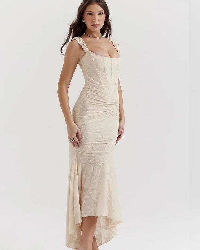 JULISSA MO Sleeve Less Backless Evening Long Dress Irregular Ruched Women Dress New Slim Fit Elegant Square Collar Gown Outfits