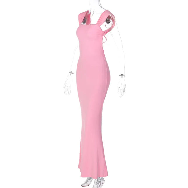 Dulzura Lace Up Backless Pink Long Dress For Women Bodycon Sexy Slim Strap Maxi Dress Party Elegant Birthday Evening Outfits